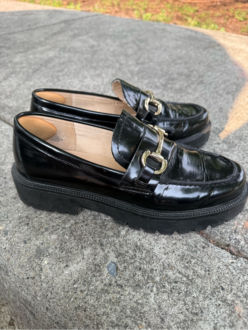 H&M Black Patent Loafers with Gold Bit Hardware